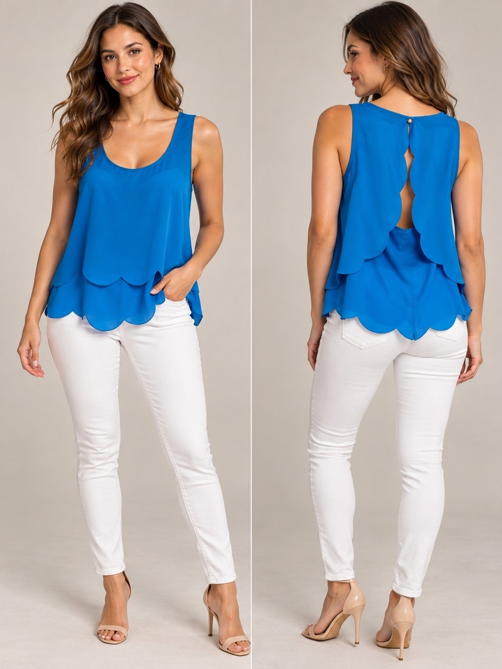 Scalloped Layered Sleeveless Tank in Bright Blue